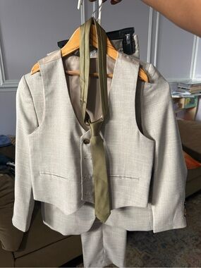 Kids Beige Vest Matching Set with Olive Tie